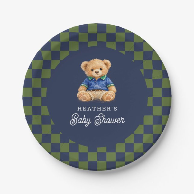 Teddy Beary Checkboard Retro Baby Shower Paper Plate (Front)