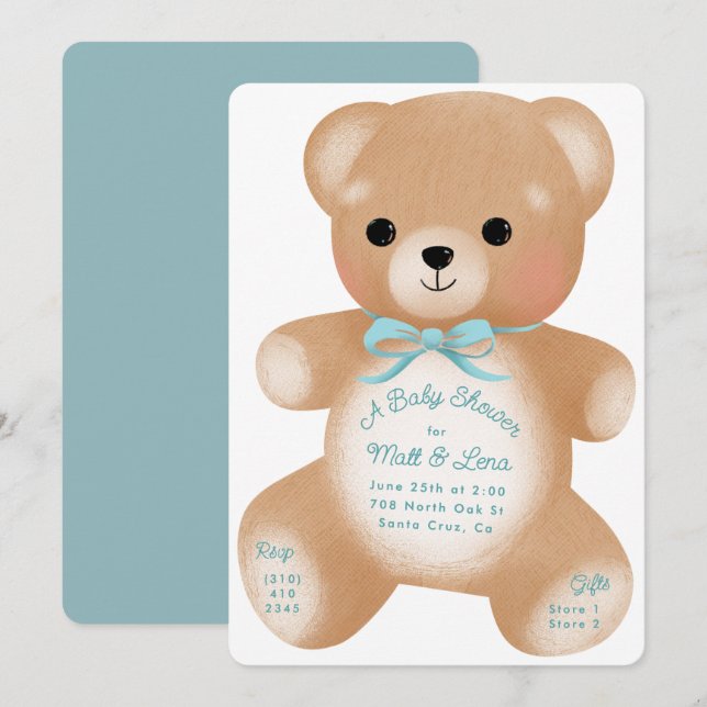 Teddy Blue Bow Baby Shower Invitation (Front/Back)