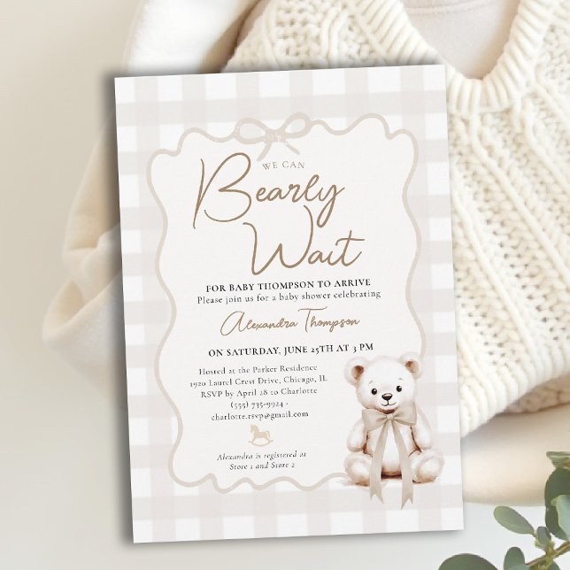 Teddy Bow Neutral Gingham Bearly Wait Baby Shower Invitation (bearly wait baby shower invitation traditional classic nursery neutral gingham teddy bear bow)