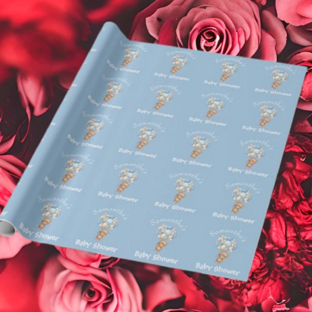 Teddy Boy Balloon Baby Shower Blue  Wrapping Paper (Bring your dream party to life with our selection of quality Teddy Bear themed party supplies )