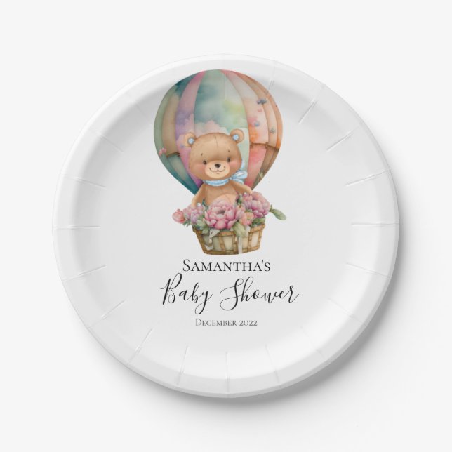 Teddy Floral Boy hot air Balloon Blue Paper Plates (Front)
