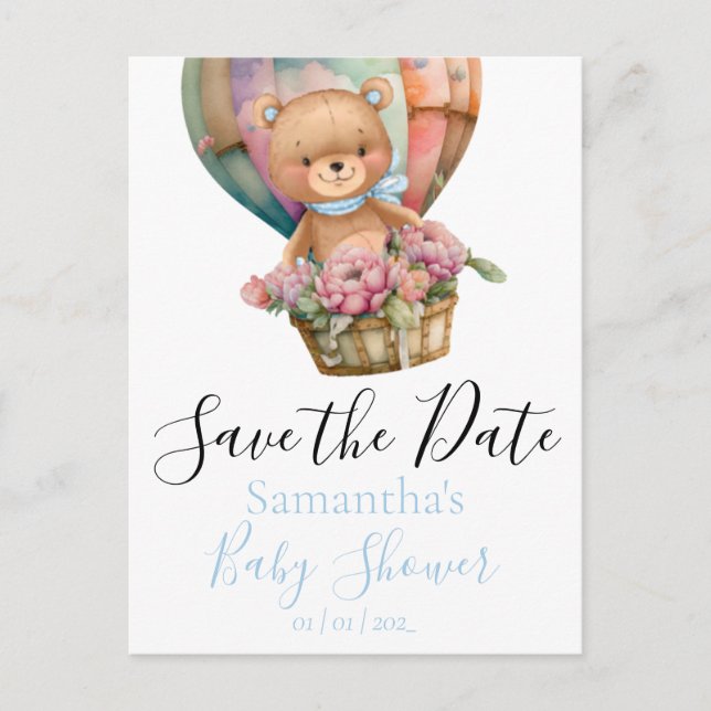 Teddy Hot Air Balloon Baby Shower Save the Date  Postcard (Front)