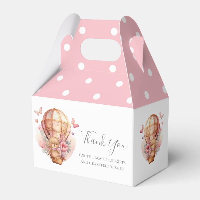 Teddy Hot Air Balloon Pink Poka Dots Favor Box (Front Side)