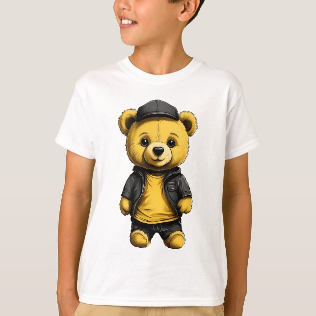Teddy Hug: Simple Yellow & Black Teddy Bear Kids T-Shirt (Front)