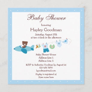 Teddy in Plane & Clothesline Blue Baby Shower Invitation