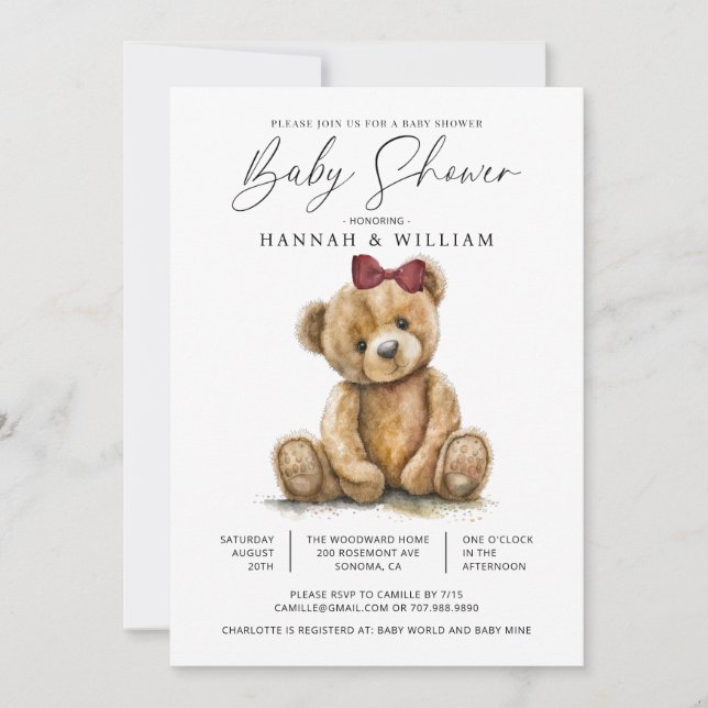 Teddy Ours Aquarelle Girl Baby shower Invitation (Devant)
