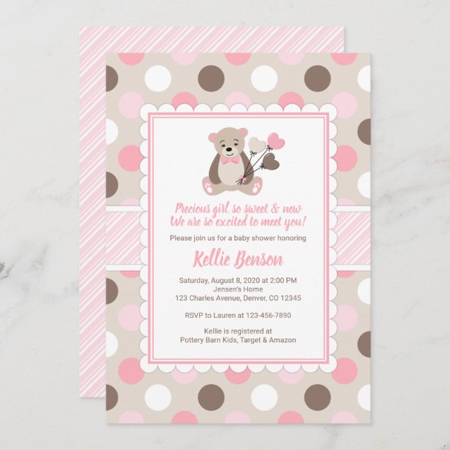 Teddy ours baby shower Invitation fille rose brun (Devant / Derrière)