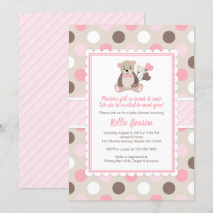 Teddy ours baby shower Invitation fille rose brun