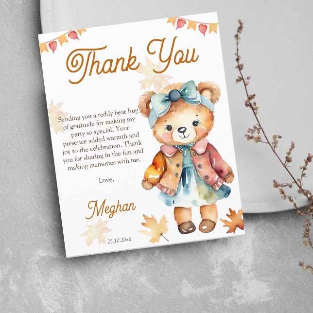 Teddy ours fille automne fête d'anniversaire carte (Cute Teddy bear girls birthday party thank you cards cute teddy dressed in a dress and hair bow)