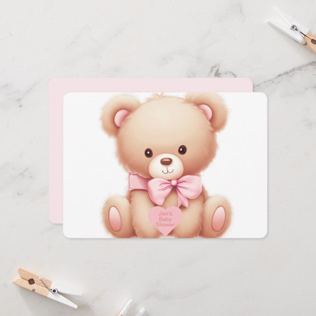 Teddy Ours rose bébé fille douche Invitation (Devant/Arrière en situation)