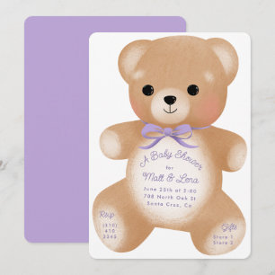 Teddy Purple Bow Baby Shower Invitation