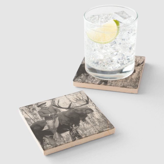 Teddy Roosevelt Riding A Bull Moose Stone Coaster (Side)