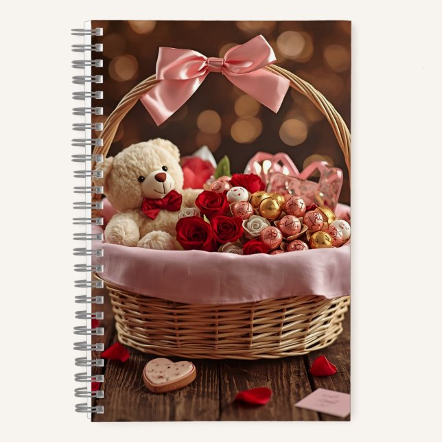 Teddy Rose Basket Romantic Valentine Love Story  Notebook (Front)