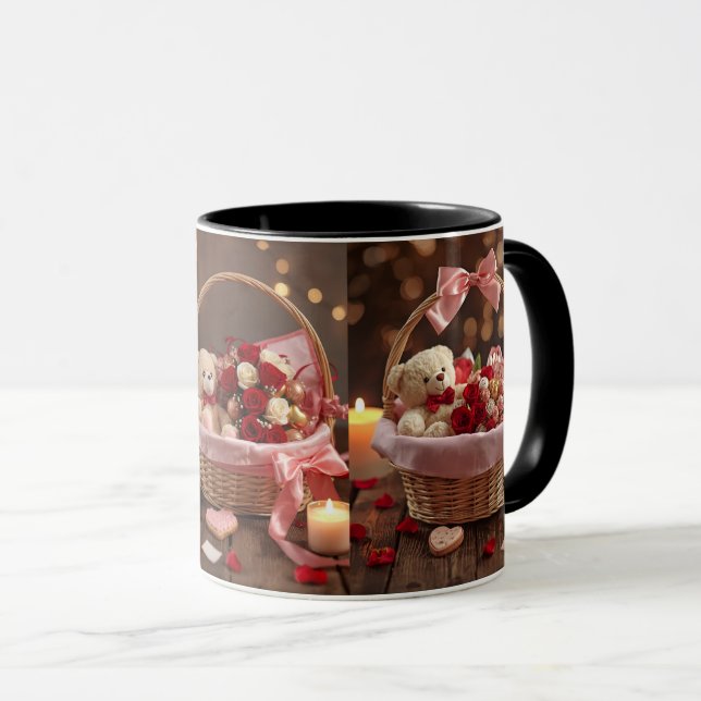 Teddy Rose Basket Romantic Valentines Morning Mug (Front Right)