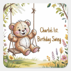 Teddy’s First Birthday Swing Party Square Sticker