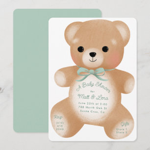 Teddy Sage Green Bow Baby Shower Invitation