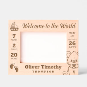 Teddy & Sailboat Welcome to the World Baby Stats Etched Frames