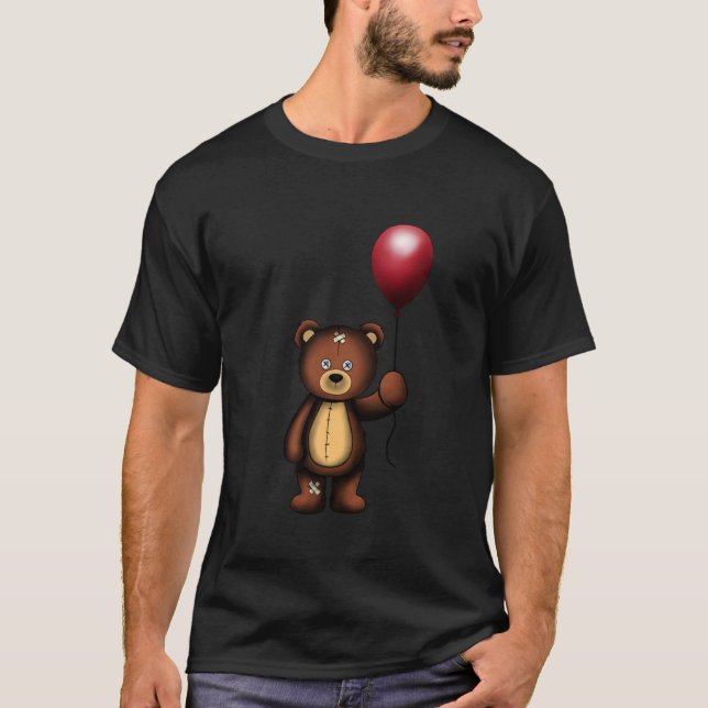 Teddybear with Red Balloon Print Design Cute Stuff T-Shirt (Front)
