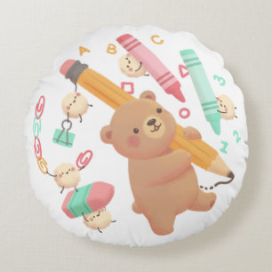 Teddy's Back to School Illustration Round Pillow