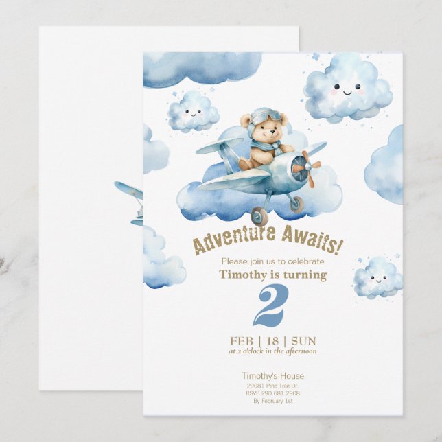 Teddy's Sky-High 2nd Birthday Adventure  Invitation (Front/Back)