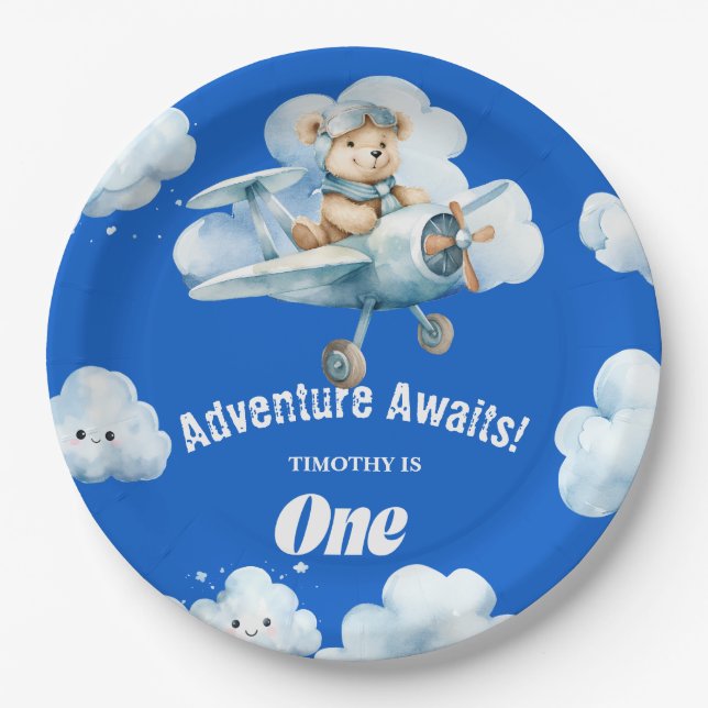 Teddy's Sky-High Soiree: A First Birthday Balloon Paper Plate (Front)