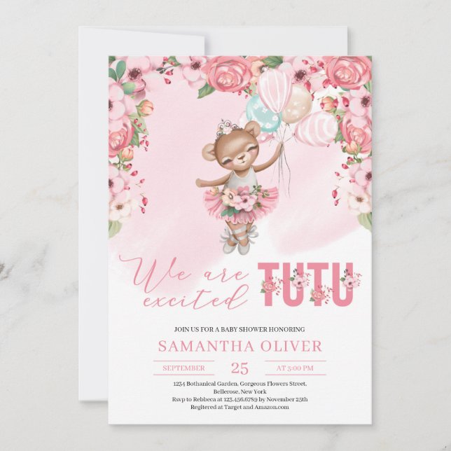 Tedy bear tutu ballerina dress floral Baby Shower Invitation (Front)