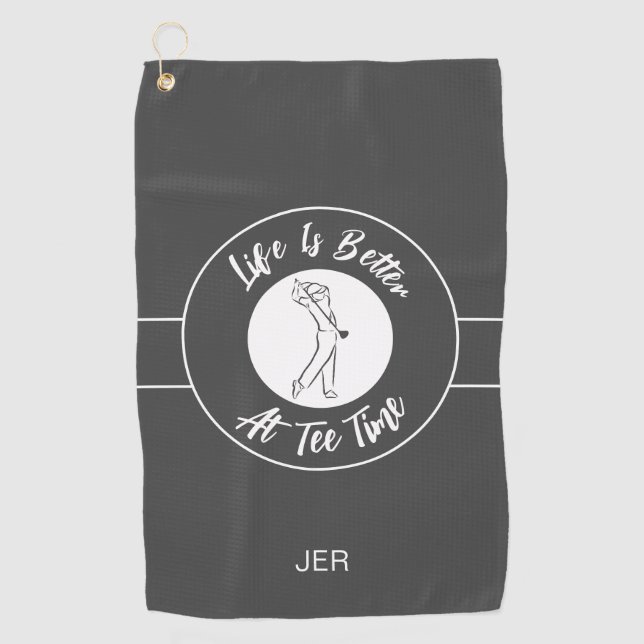 Tee Time Golfer Humour Sports Monogram Grey White Golf Towel (Front)