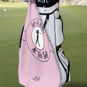 Tee Time Golfer Humour Sports Monogram Pink Black Golf Towel