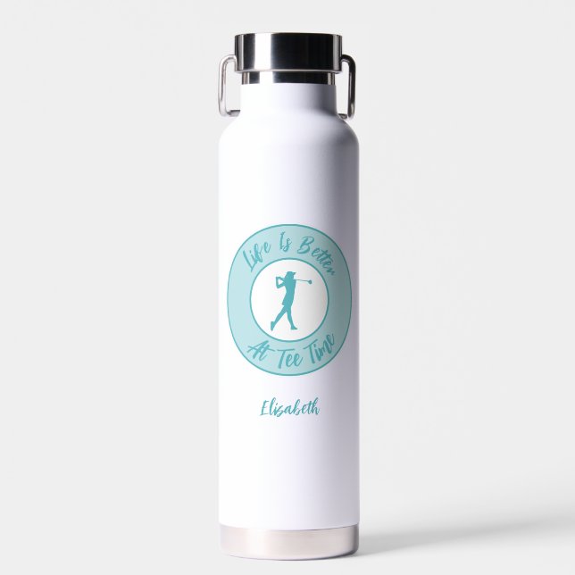 Tee Time Life Funny Personalized Name Teal Water Bottle (Front)