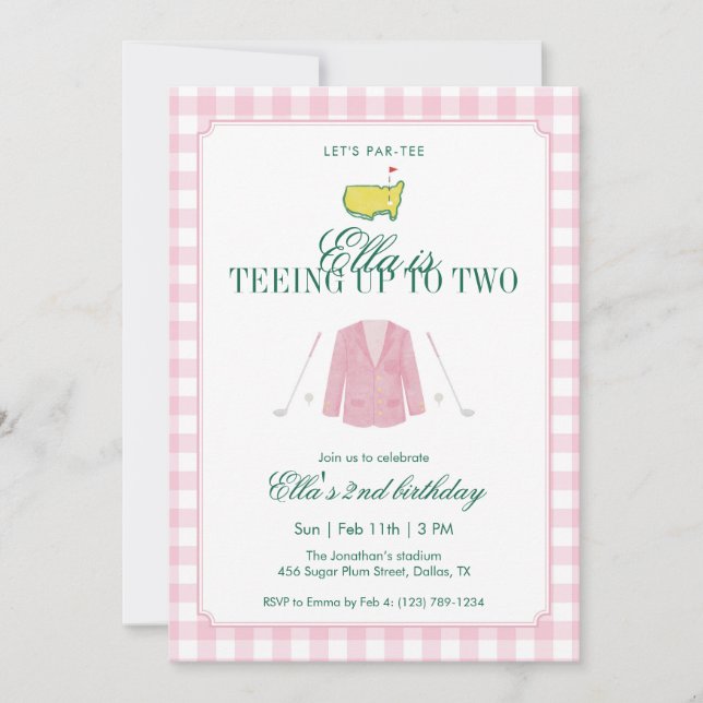 Teeing Up To Two Golf 2nd Birthday Pink Gingham Invitation (Front)