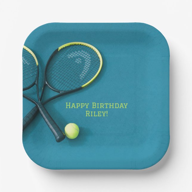 Teen Birthday Cyan Court Rackets Tennis Ball  Paper Plate (Front)
