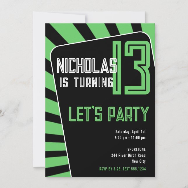 Teen Boy 13th Birthday-Any Age Black Green Invitation (Front)