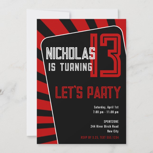 Teen Boy 13th Birthday-Any Age Black, Red Invitation (Front)