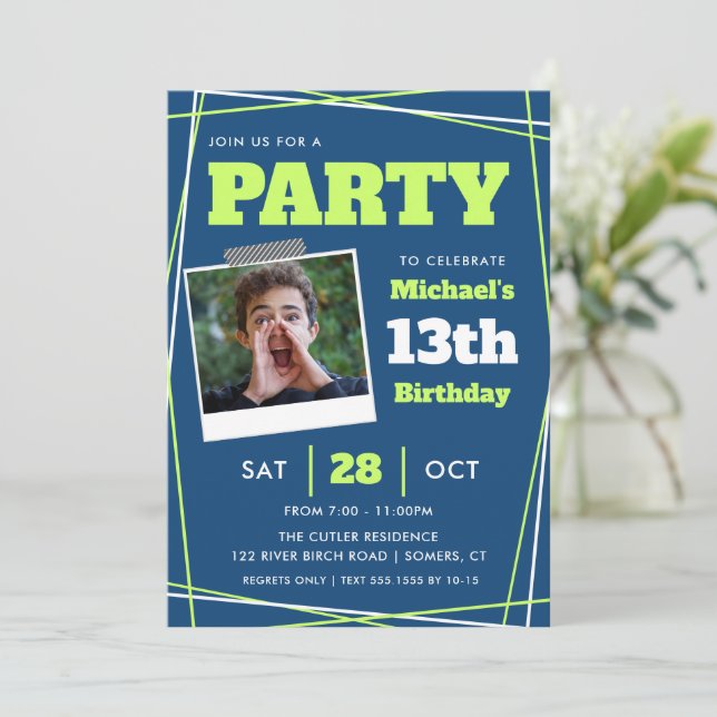 Teen Boy Birthday, 13 or Any Age, Blue Green Photo Invitation (Standing Front)