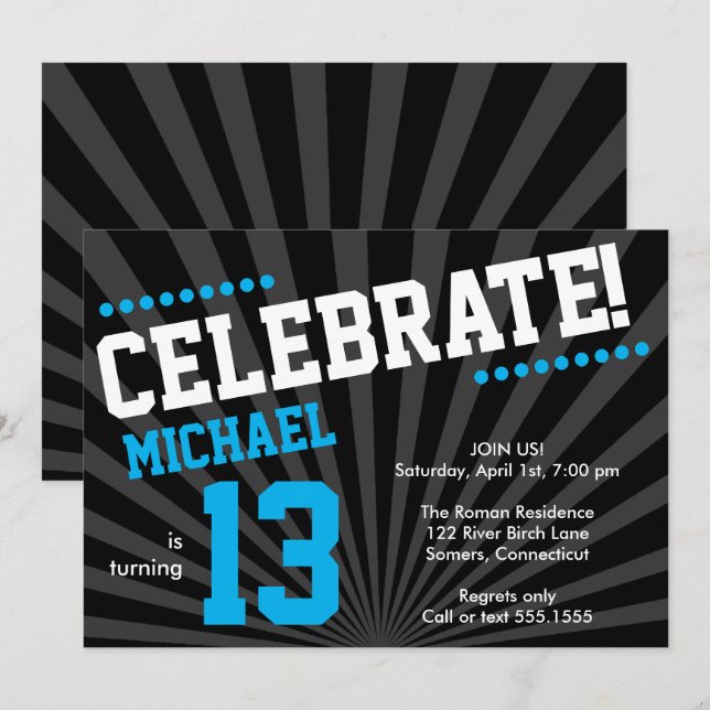 Teen Boy Birthday Invitation-Any Year, Blue Invitation (Front/Back)