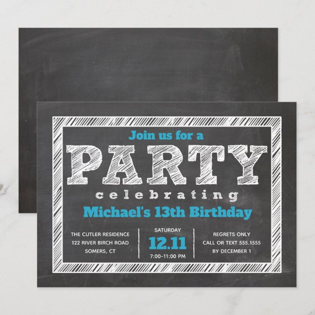 Teen Boy Birthday Invitation, Chalkboard, Blue Invitation (Front/Back)