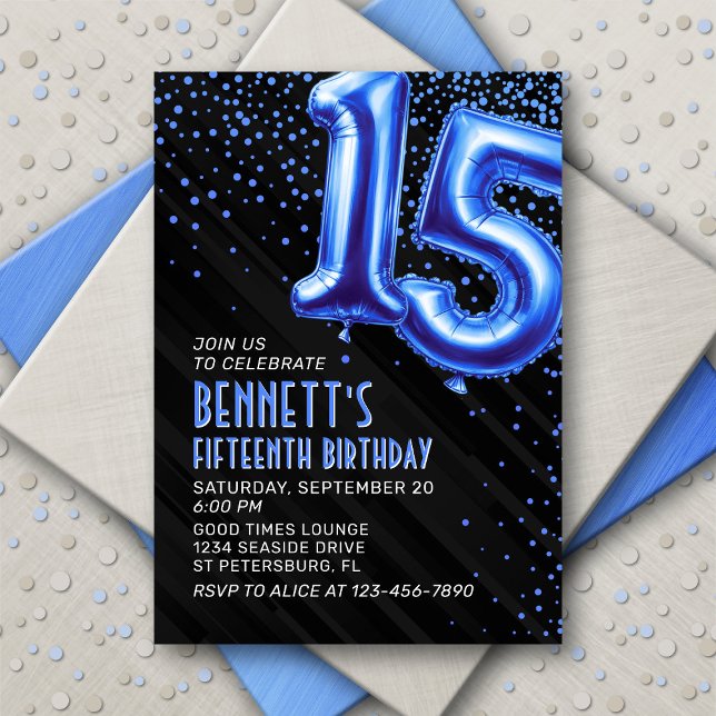 Teen Boy Blue 15th Birthday Invitation (Creator Uploaded)