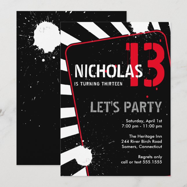Teen Boy Party Invitation | Black, White and Red (Front/Back)