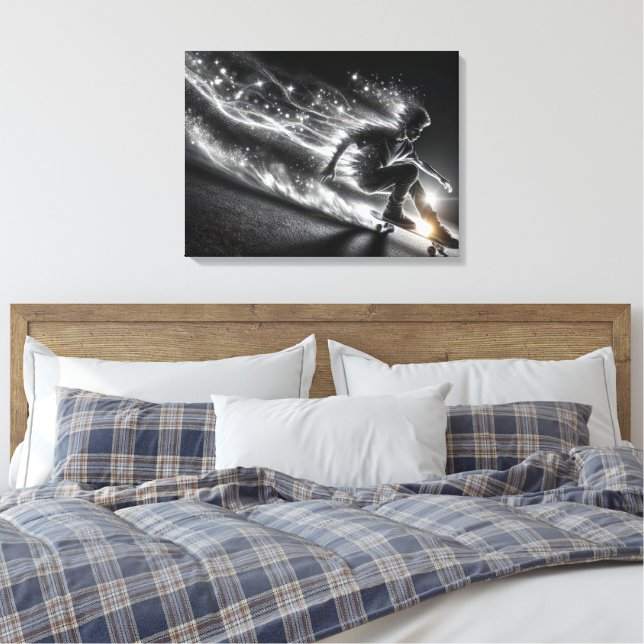 Teen Boy Skateboarding With Light Trails Canvas Print (Insitu(Bedroom))
