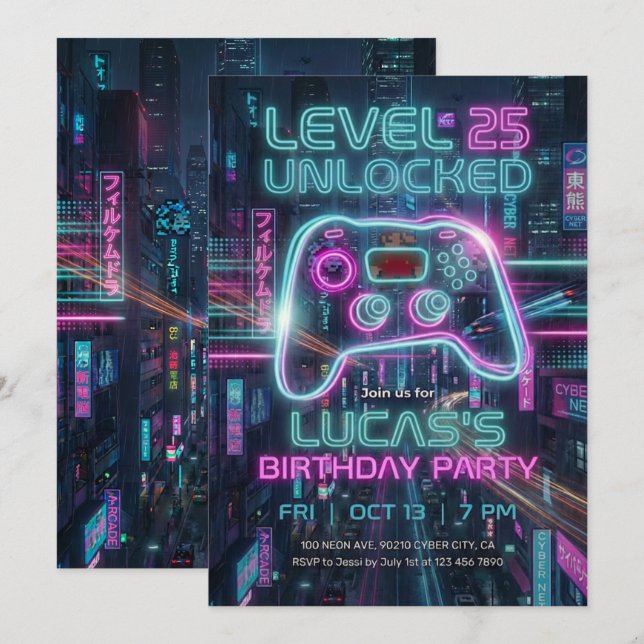 Teen Gamer Birthday Invitation Cyberpunk Game  (Front/Back)
