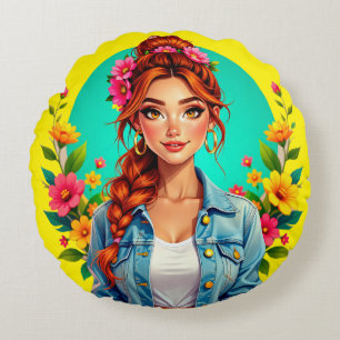 Teen Girl Aesthetic – Floral Cartoon Portrait Round Pillow