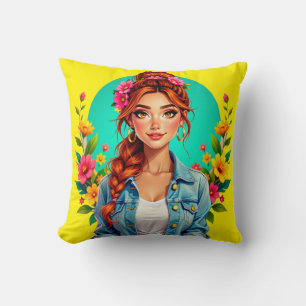 Teen Girl Aesthetic – Floral Cartoon Portrait Throw Pillow