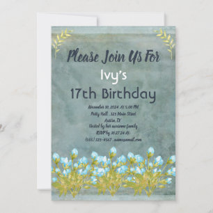 Teen Girl Birthday Blue Watercolor Flower Invitation