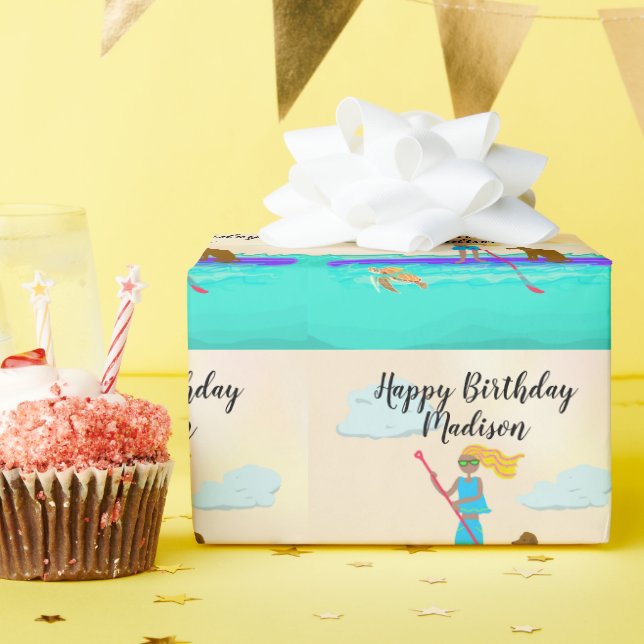 Teen Girl Paddleboard Happy Birthday Personalized Wrapping Paper (Birthday Party)
