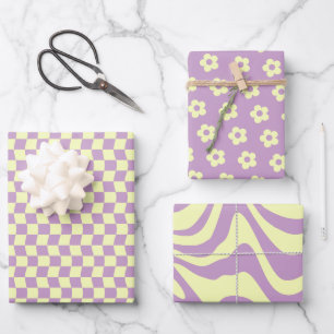 Teen Girl Pastel Yellow Purple Wavy Chequered Flow Wrapping Paper Sheet