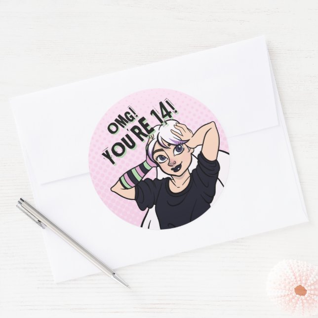 Teen Girl Pink Cartoon Punk 14th Birthday Classic Round Sticker (Envelope)
