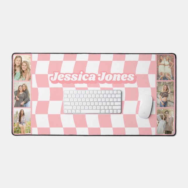 Teen Girl Pink Chequerboard Cute Photo Collage Desk Mat (Keyboard & Mouse)
