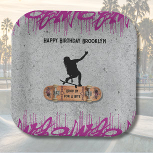 Teen Girl Skateboard Birthday Purple Graffiti Grun Paper Plate