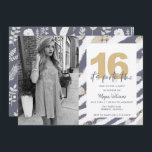 Teen Girls Photo 16th Birthday Party Invitation<br><div class="desc">Adorable two-sided teenage girl photograph 16th birthday party invitation in a blue and gold floral design. Invite her friends and family to celebrate her birthday with these custom photo invitations. Customize the front side of the card with her name, date and time of the party, address and rsvp information. You...</div>
