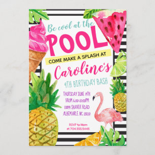 Teen Pool Party, Flamingo, Pineapple Invitation